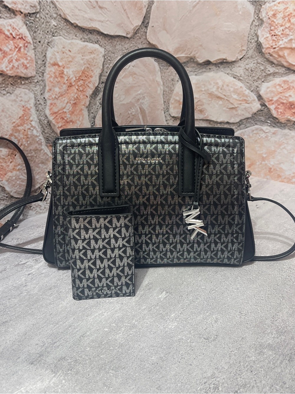 Michael Kors Laila Medium Satchel & Matching Wallet Black Silver Metallic Logo